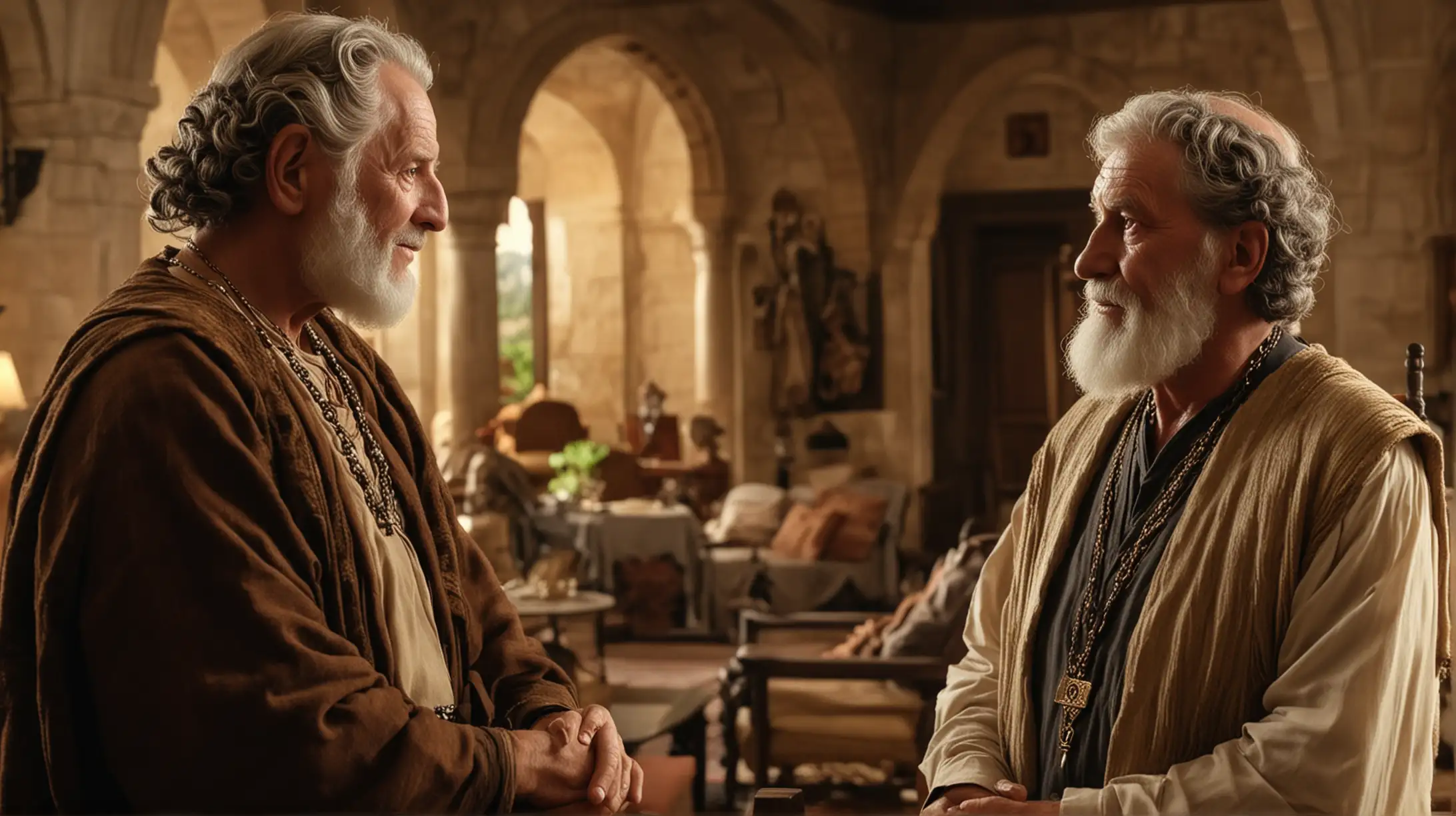 2 old handsome men talking in a luxurious house. During the biblical era of King David.