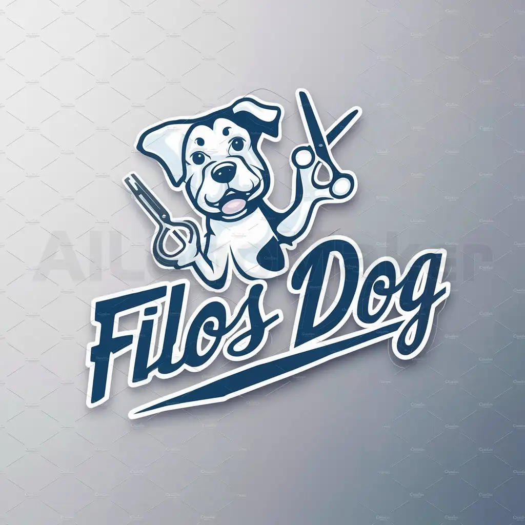 a logo design,with the text "Filos dog", main symbol:A dog, a pair of scissors and a canine clipper,Moderate,be used in Animals Pets industry,clear background