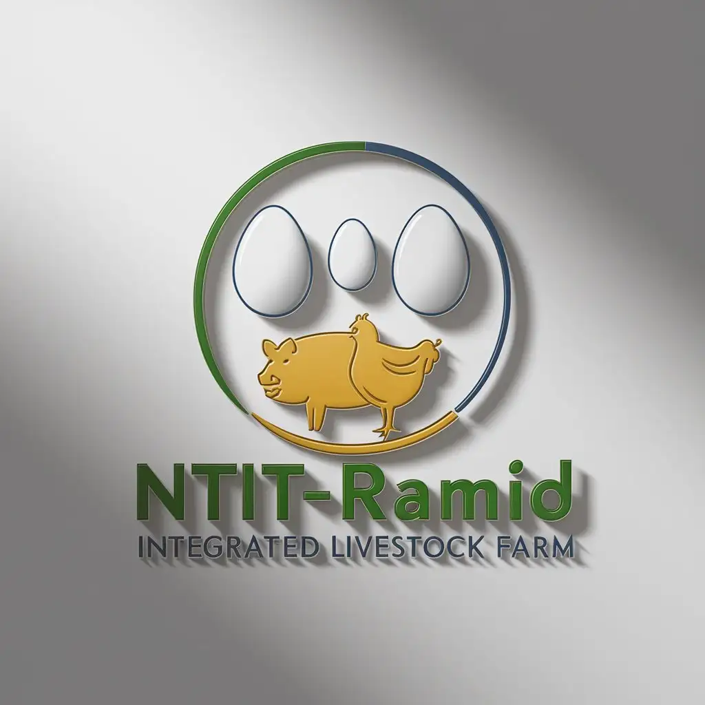 a logo design,with the green yellow and blue text 'Ntit-ramid Integrated Livestock Farm', main symbol:a logo showing pig and a hen egg layer, 3 white eggs, circular frame, white background ,complex, clear white  background