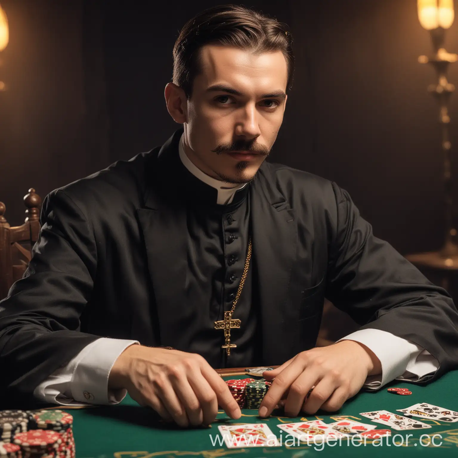 Young-Mustached-Priest-Engaged-in-Blackjack-Game