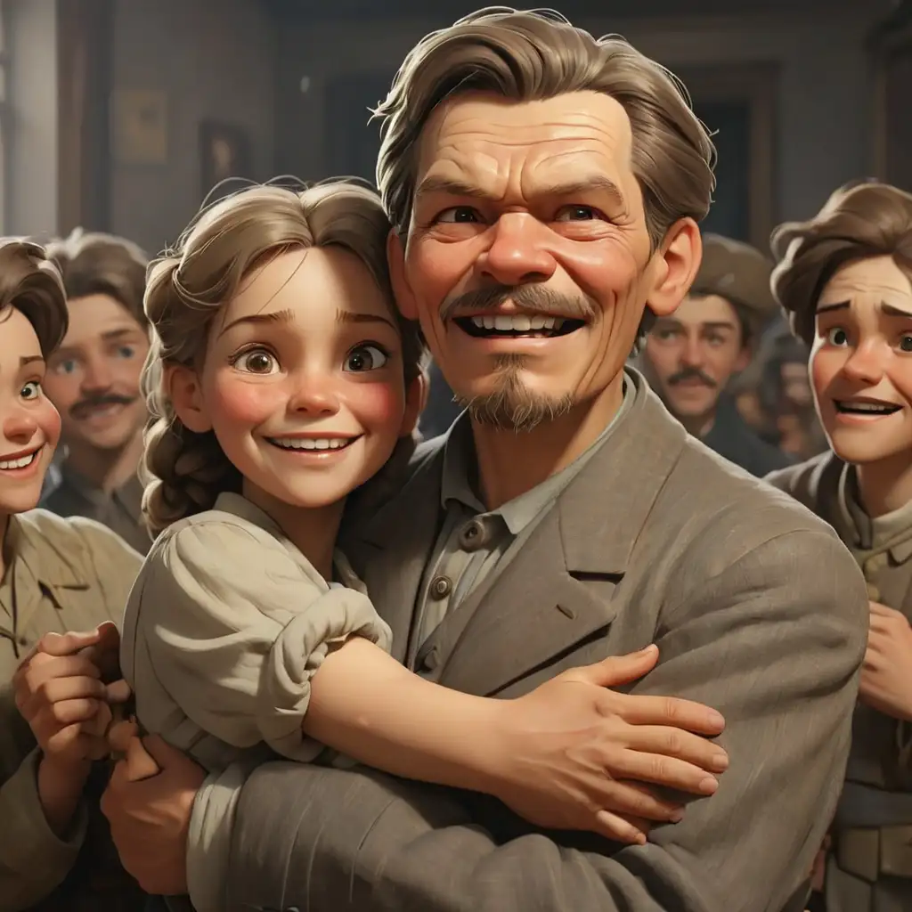 Счастливый писатель Максим Горький обнимается с народом. Без фона. Стиль реализм, 3д-анимация.