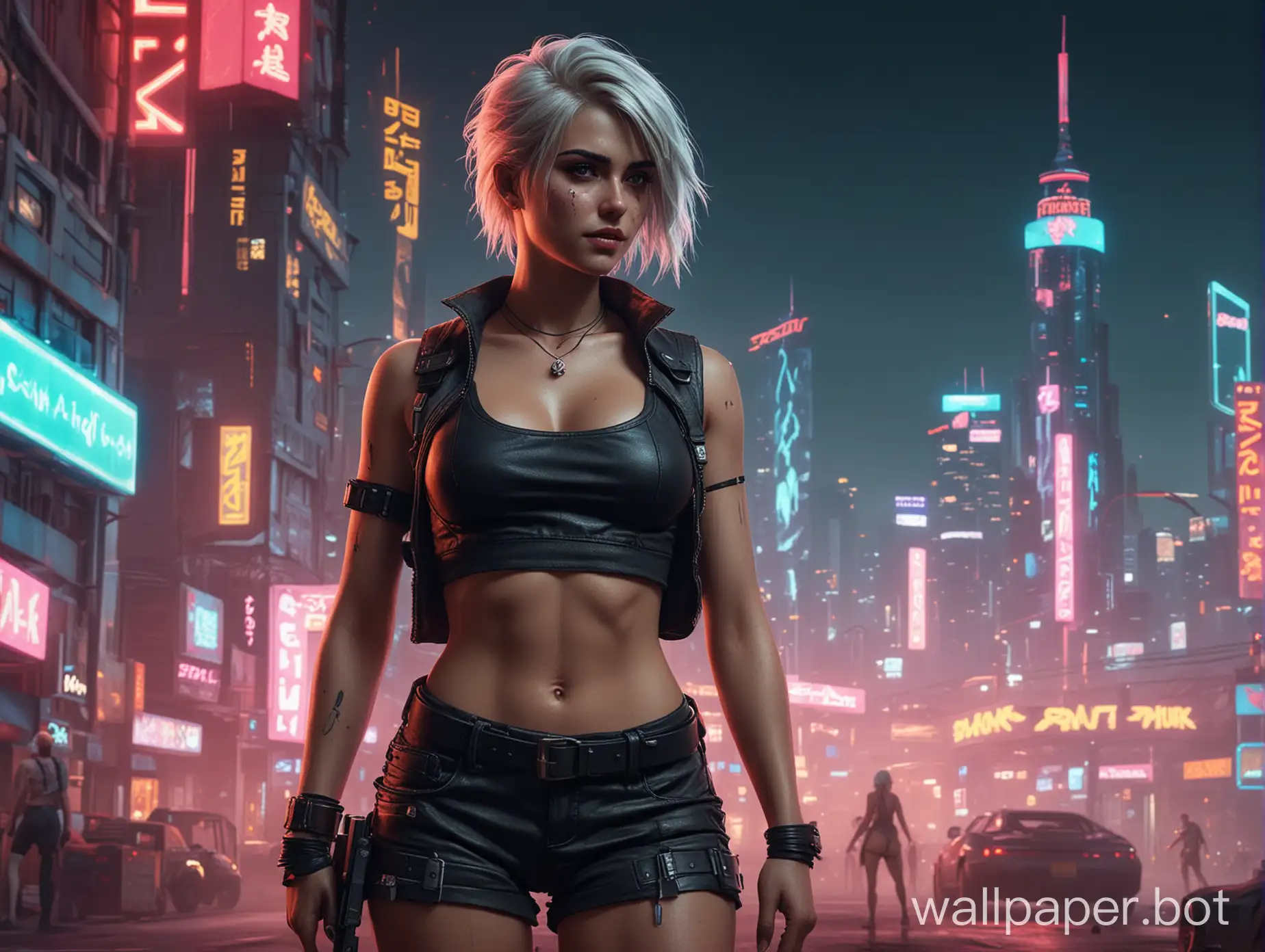 Ciri with a vape in a top and shorts against the backdrop of a neon city, in the style of cyberpunk 2077, 4k