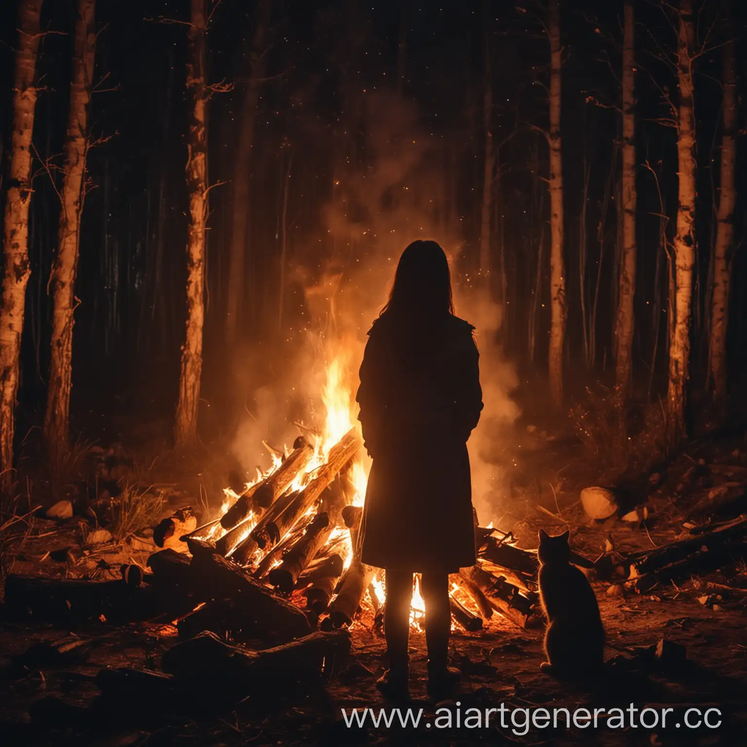The girl stands next to a bonfire in the forest, with a cat beside her. The fire is burning, beautifully. night