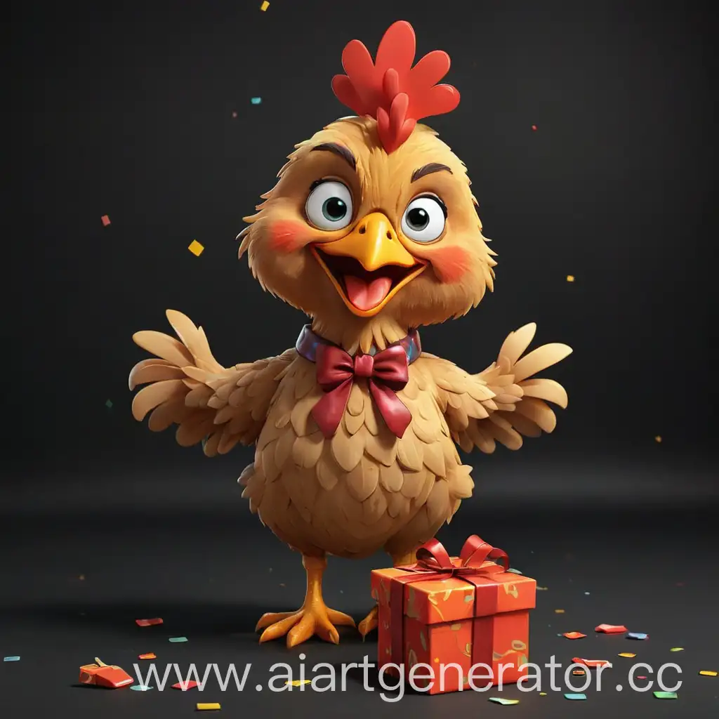 Cartoon-Chicken-Giving-a-Gift-at-a-Party-on-Black-Background