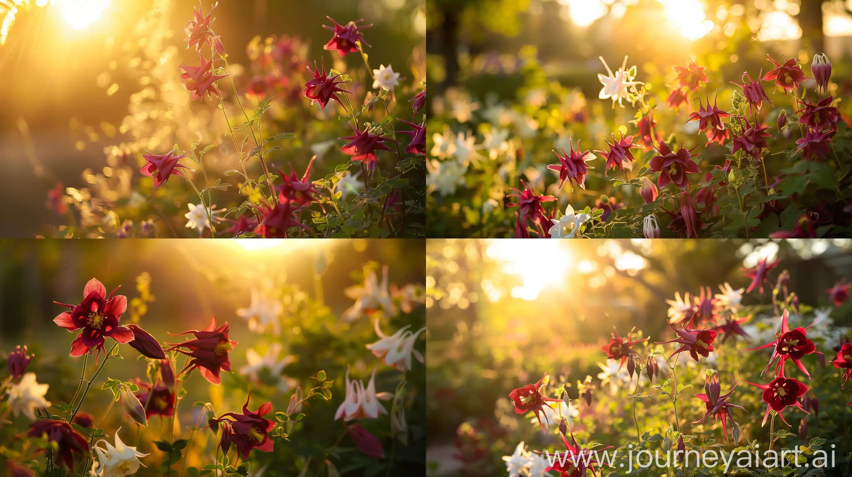 Tranquil-Columbine-and-Swan-Burgundy-And-White-Landscape-Bathed-in-Golden-Sunlight