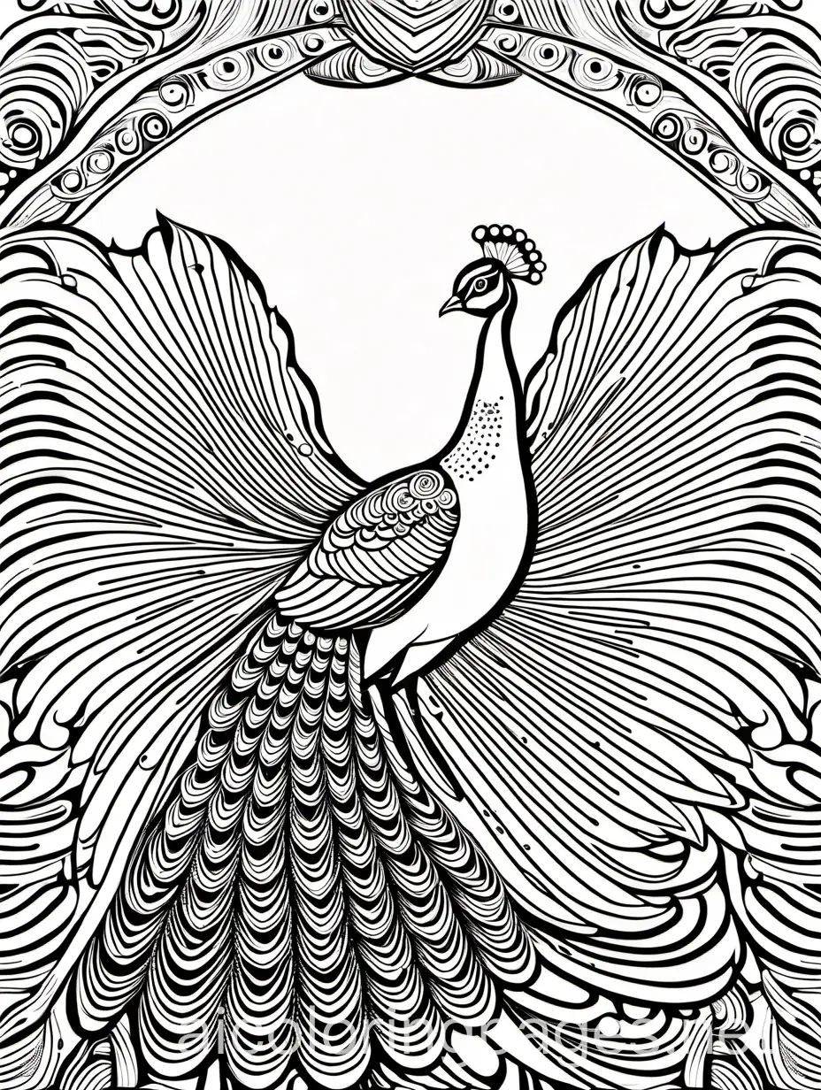 A majestic peacock spreading its vibrant feathers. (with a white background)
, Coloring Page, black and white, line art, white background, Simplicity, Ample White Space. The background of the coloring page is plain white to make it easy for young children to color within the lines. The outlines of all the subjects are easy to distinguish, making it simple for kids to color without too much difficulty