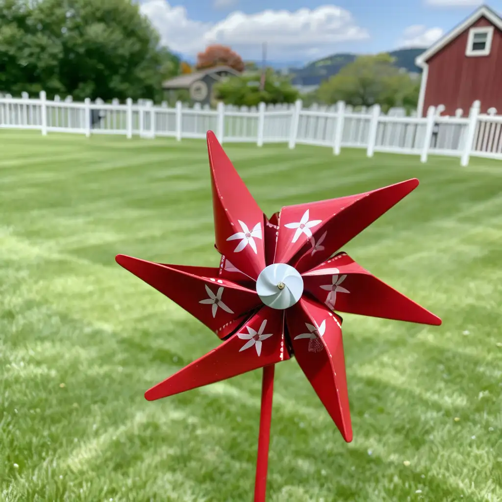 single, shiny red pinwheel with white stars, green yard in the background