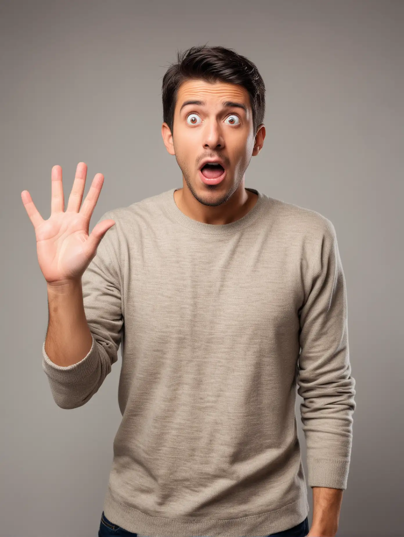 Shocked man showing with hand