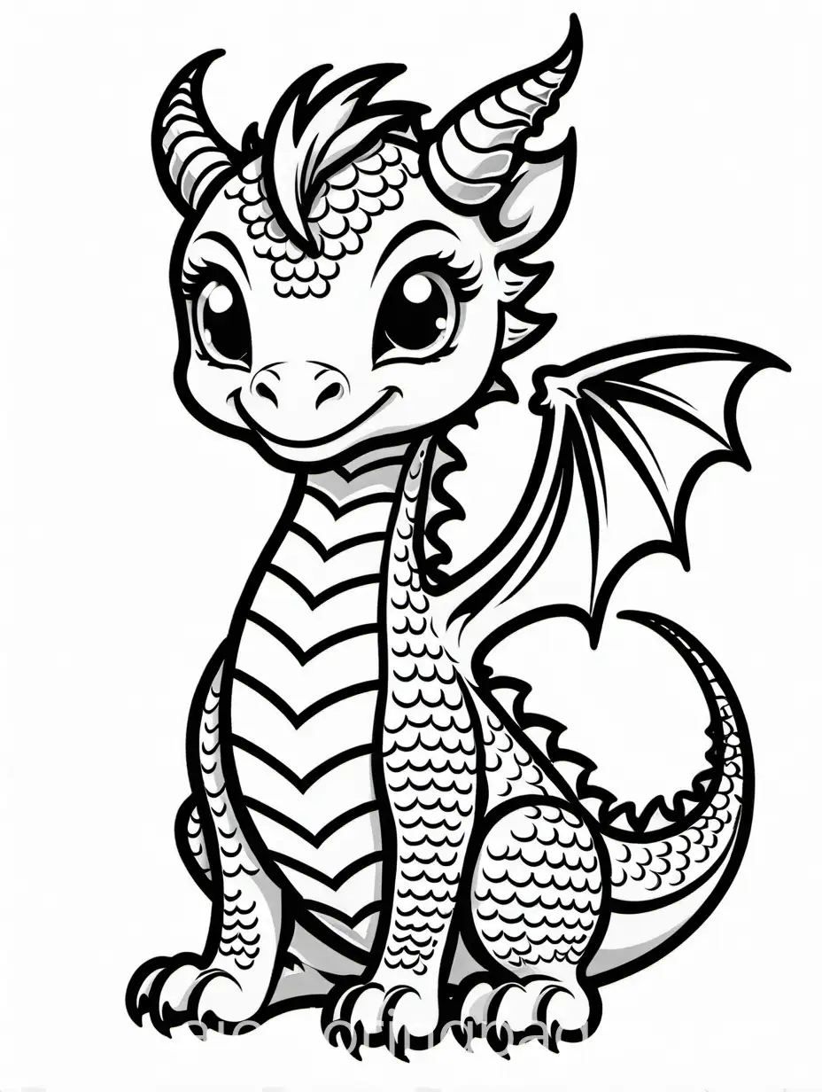 cute baby dragon tattoo design,  big scales on its body and head, making it simple for kids to color without  difficulty. Coloring Page for kids, black and white, line art, white background, Simplicity, Ample White Space. The background of the coloring page is plain white to make it easy for young children to color within the lines. The outlines of all the subjects are easy to distinguish, making it simple for kids to color without too much difficulty. Halloween theme.