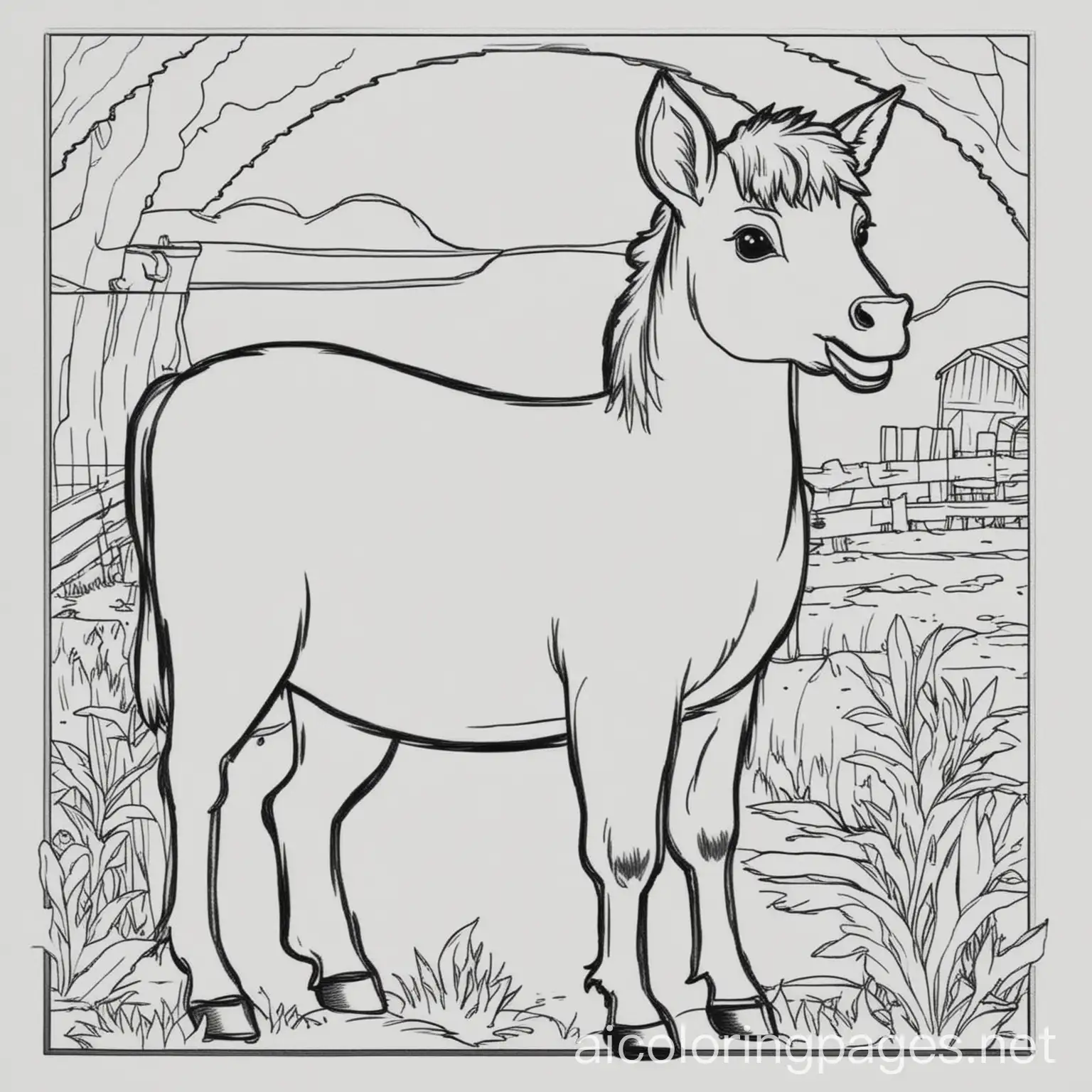 create farm animal coloring pages for kids, Coloring Page, black and white, line art, white background, Simplicity, Ample White Space. The background of the coloring page is plain white to make it easy for young children to color within the lines. The outlines of all the subjects are easy to distinguish, making it simple for kids to color without too much difficulty