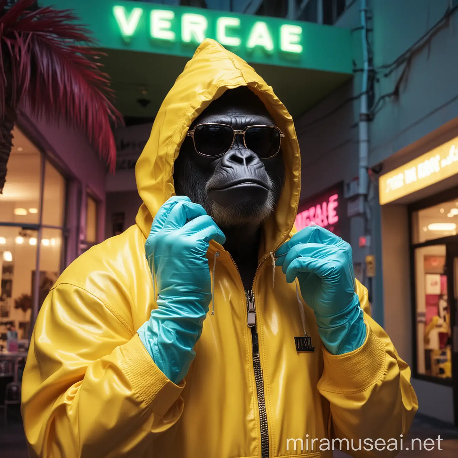 The gorilla is in Miami, it's night, and there's art deco architecture with green and pink neon lights   illuminating the area. The gorilla wears dark sunglasses and a YELLOW COLOR jumpsuit like the one in the Breaking Bad series. His head is covered by the yellow hood. His hands are covered with light blue latex gloves. A pink neon sign advertises the VERSACE brand behind him.  His clothes are yellow.  Gorila faces the camera, close up with his hand touching his cheek. image looks super cool and realistic badass, low angle