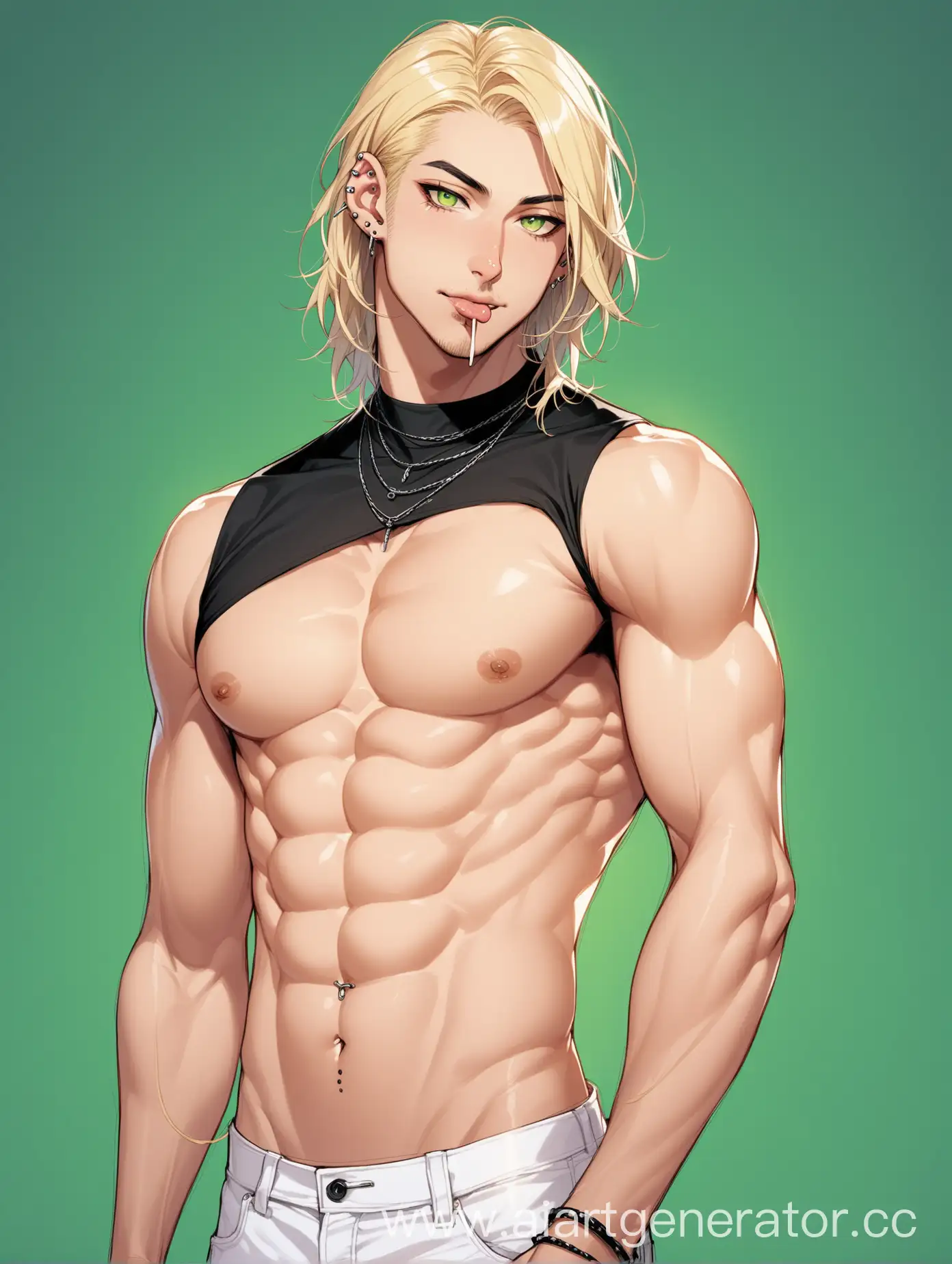 Man, Average height, Skinny, Weakly defined muscles, Very light blonde hair reaching the middle of the back, Green slightly narrow eyes, Straight nose, There is a little stubble, Lots of hair on arms and legs and some on chest, Nose ring piercing, Two piercings under the lip, Piercing in the middle of the tongue, Black shirt with elbow-length sleeves, White jeans with holes in the knees.