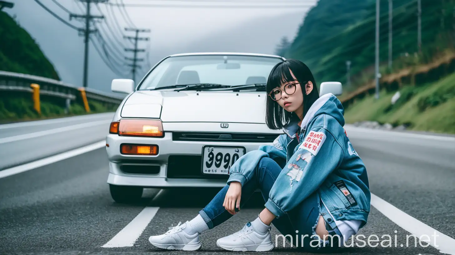 Japanese Girl Cyborg with JDM Car on Mountain Road in Foggy Tokyo