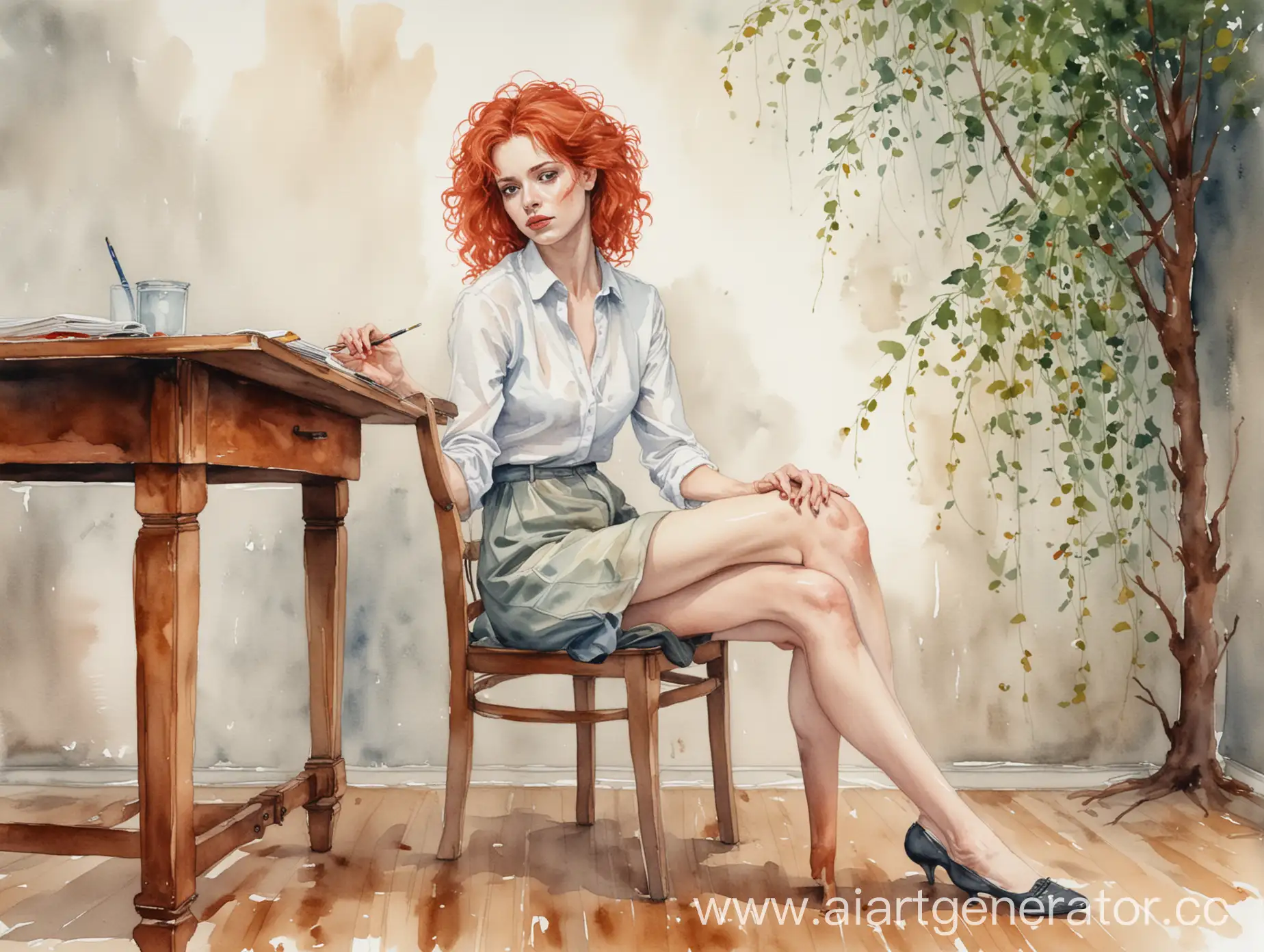 Watercolor-Painting-of-Anorexic-Aristocratic-Teacher-Sitting-at-Table