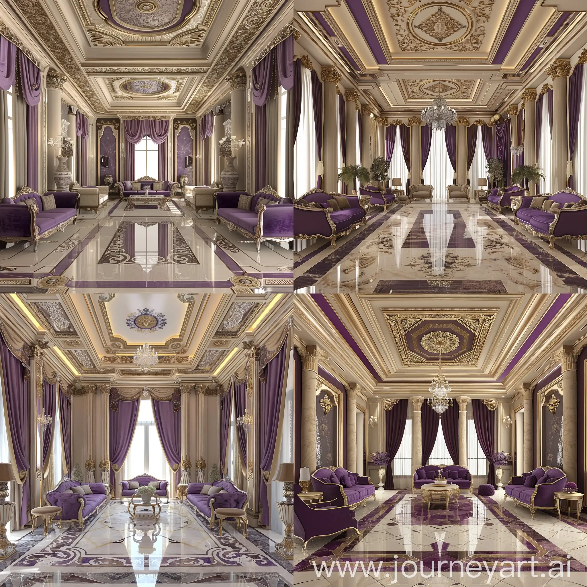 ladies majlis  design. Seven meters long. Five meters wide. Height 4 and a half meters. Classic style. Purple and beige colors. The floor waterjet marble. The ceiling contains classic decorations in beige, gold and dark beige colors. The walls have decorative columns and decorative frames. Sofas and chairs in neo-classical style. There are two luxurious chandeliers. There is only one window. On the window is a curtain
