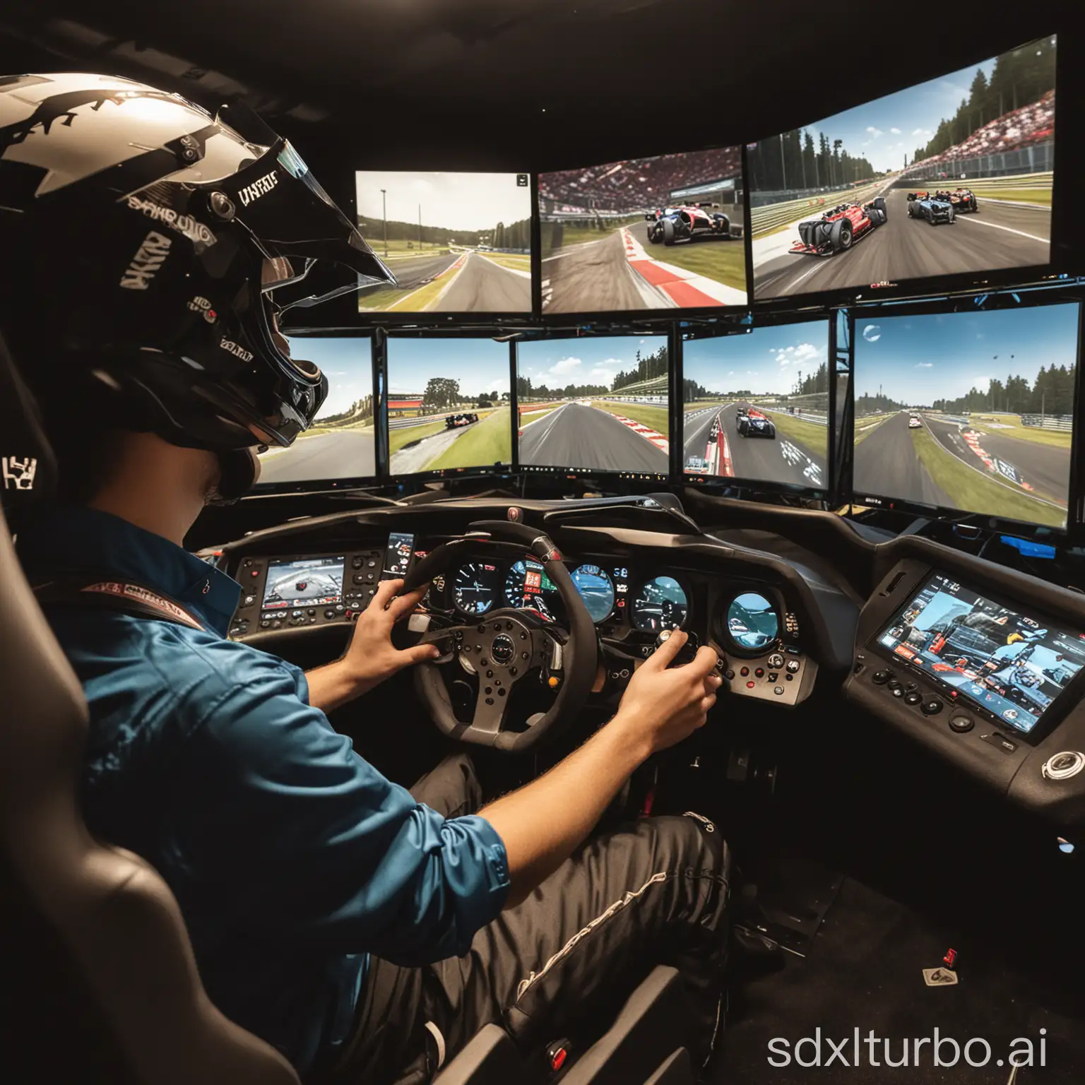 A person wearing a racing suit and helmet is sitting in a racing simulator cockpit. They are holding an Ascher Racing SIM Wheel in their hands and are looking at the track ahead of them. The simulator is surrounded by screens that are displaying the track and the other cars.