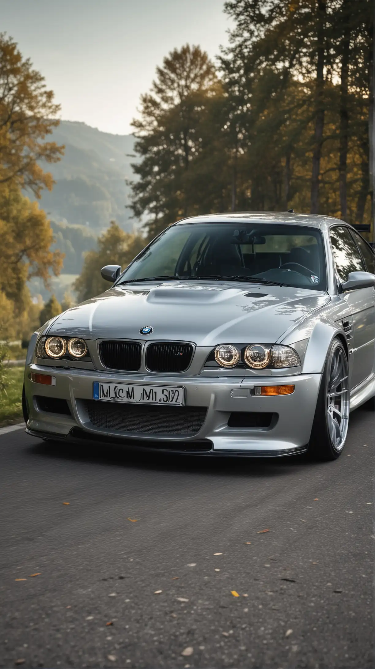  BMW M3 CSL (Coupe Sport Leichtbau) - серебряный цвет с включенными фарами, на заднем плане красивая природа