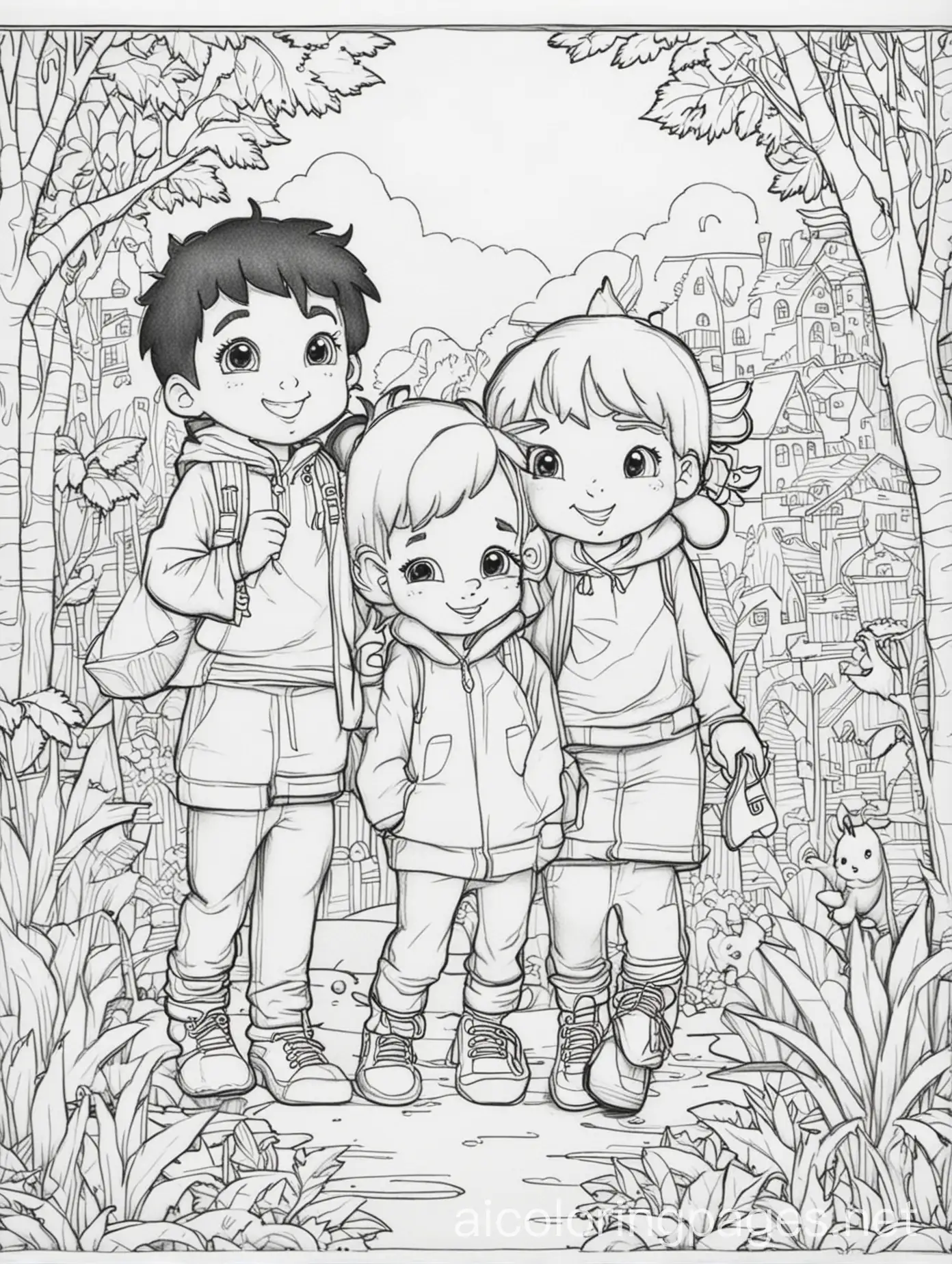 Hide and Seek Kids fun with friends., Coloring Page, black and white, line art, white background, Simplicity, Ample White Space. The background of the coloring page is plain white to make it easy for young children to color within the lines. The outlines of all the subjects are easy to distinguish, making it simple for kids to color without too much difficulty