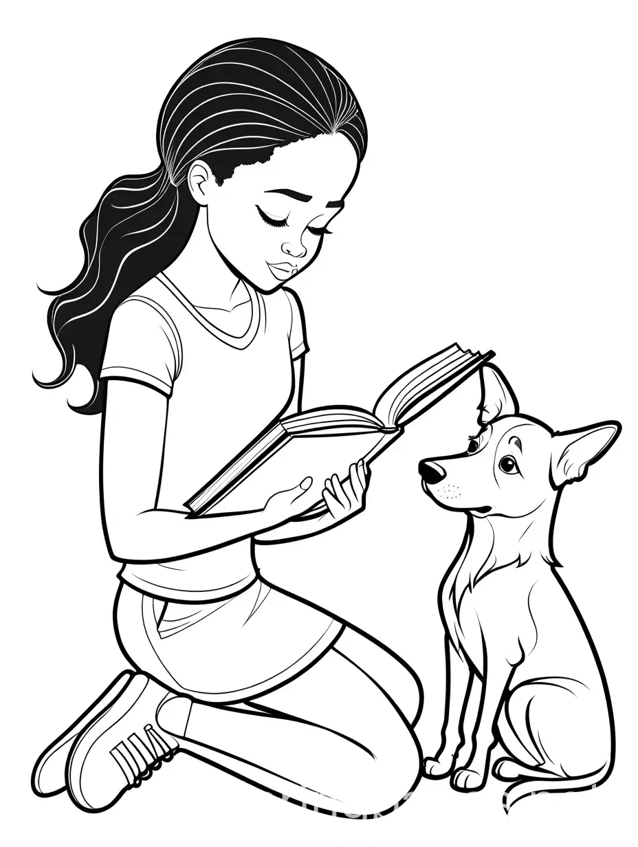 young african american girl with down syndrome reading a book to a dog coloring page, Coloring Page, black and white, line art, white background, Simplicity, Ample White Space.