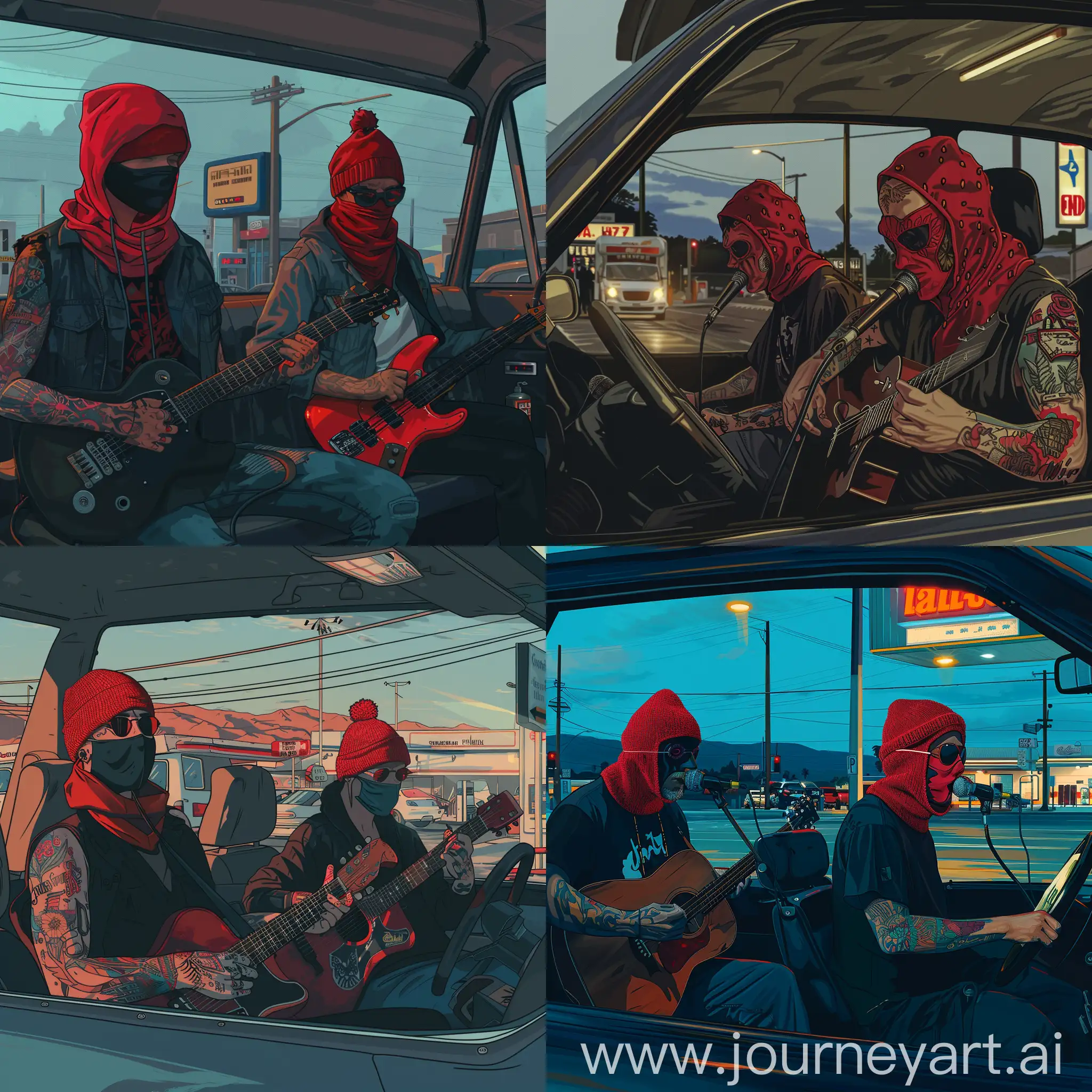 Два парня делают музыку в машине на заправке. У одного из них татуировка на руке, на их головах красные шерстяные маски. В рисованном стиле 