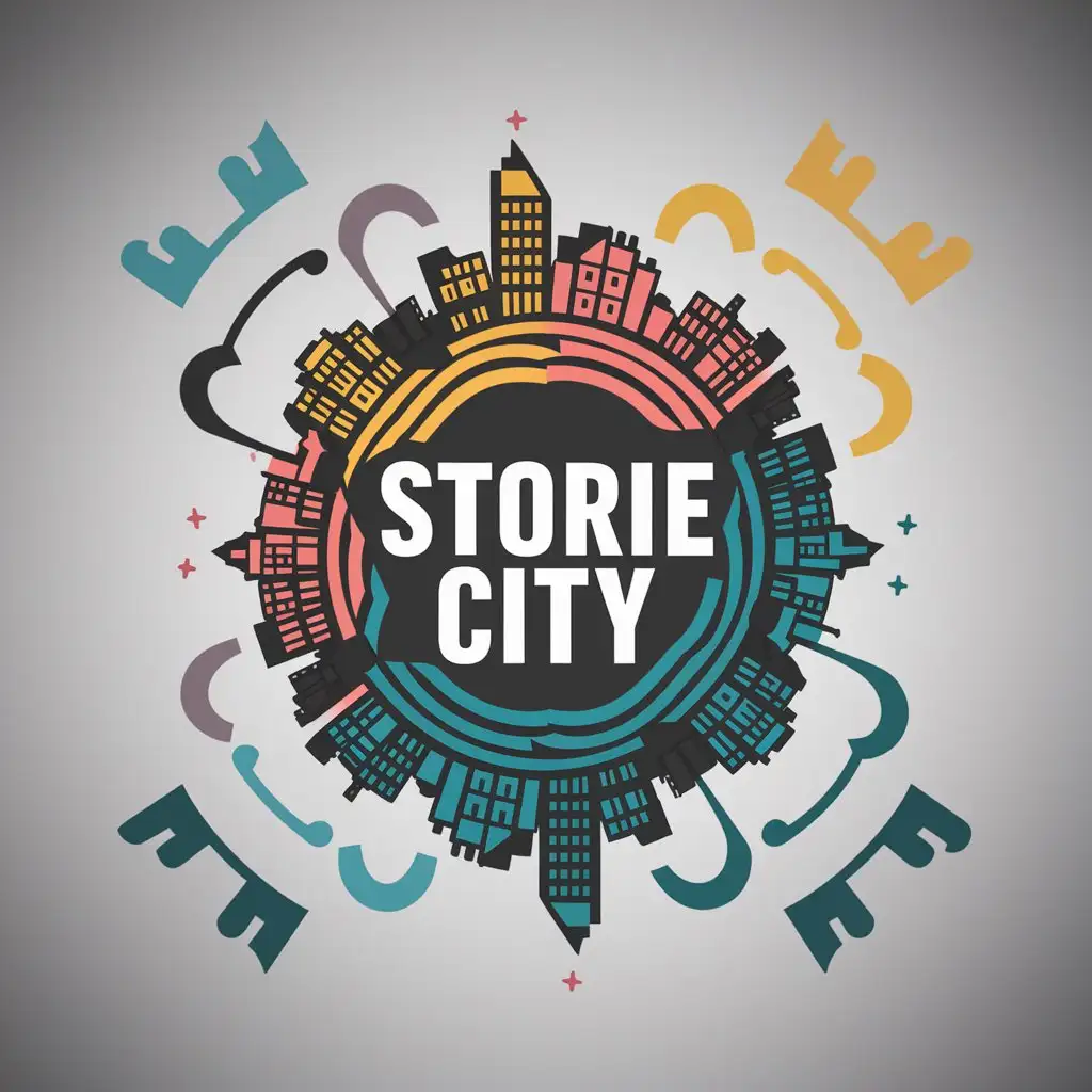 a logo design,with the text "Storie City", main symbol: A logo for a city named "Storie City" conveying the coexistence of sad, happy, enjoyable stories, action, beautiful beginnings, sad endings, sad beginnings, beautiful endings, and beautiful beginnings or endings, signifying a place where diverse stories occur amongst its residents.,Moderate,clear background