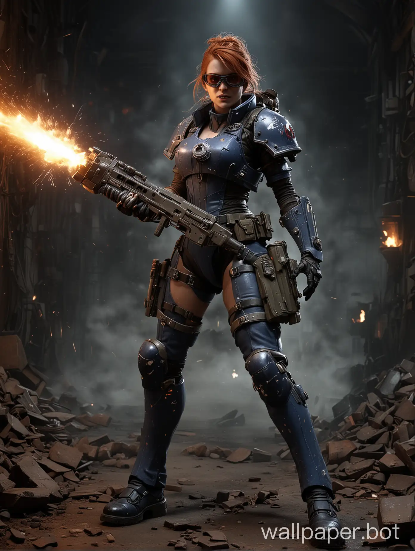  gadget_hackwrench,(gadget_hackwrench:1.3), (gh_goggles), Warhammer 40K, science fiction, no humans, weapon, sparks,  space marine armor, (horror) war setting with gunfire, dark atmosphere, full body, warhammer 40000