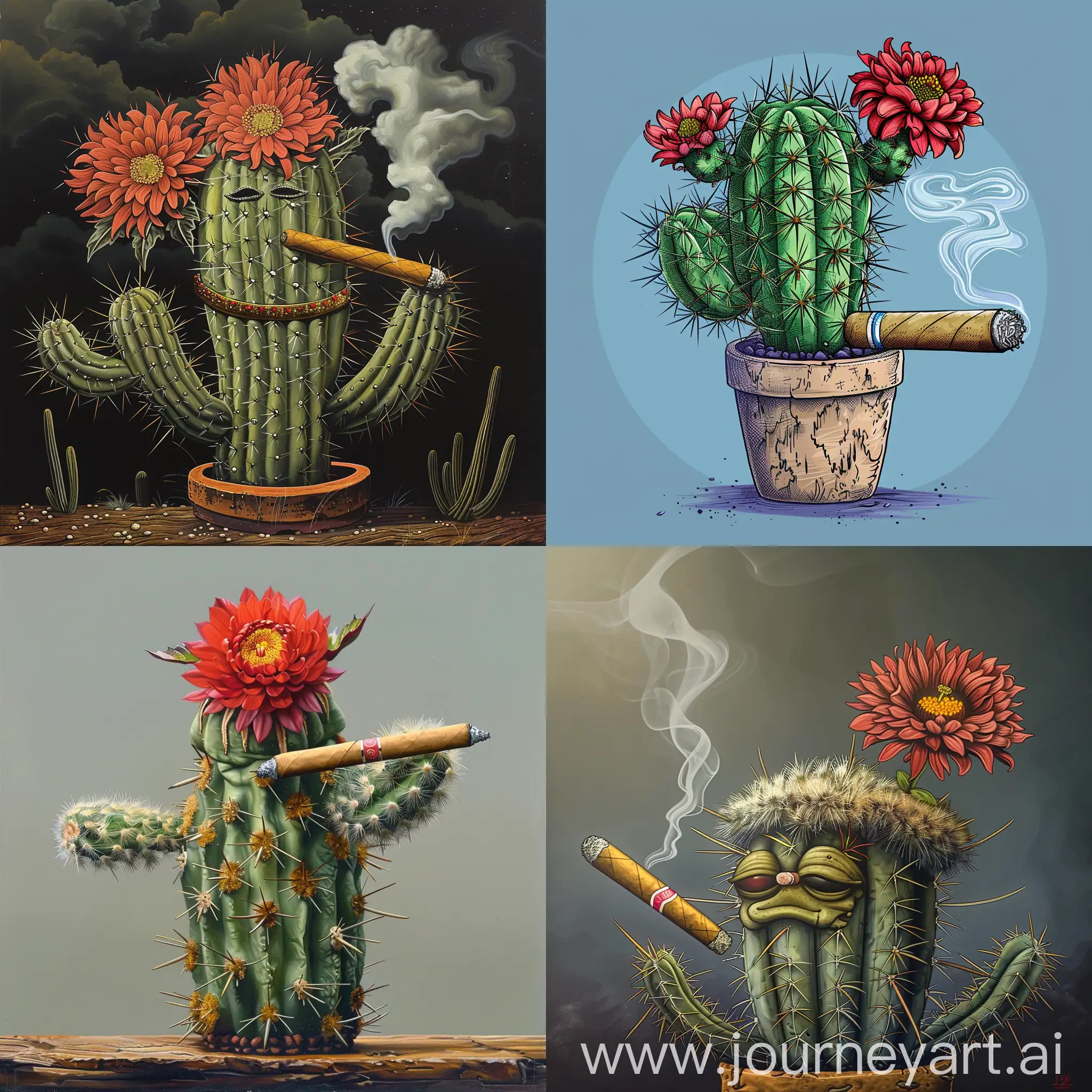 Cactus with a cigar and a headband with a scarlet chrysanthemum