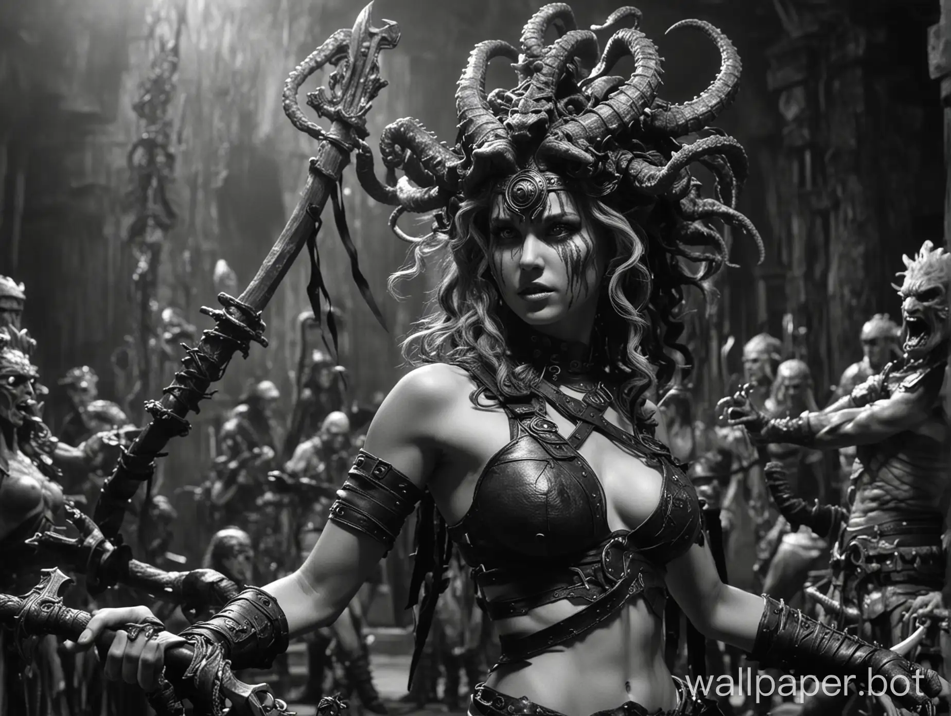 ghastly glitchpunk the final fantasy gorgon medusa barbarian in dvd still of the dungeons and dragons movie, ritual in,black and white photography, high contrast photography, sharp super contrast