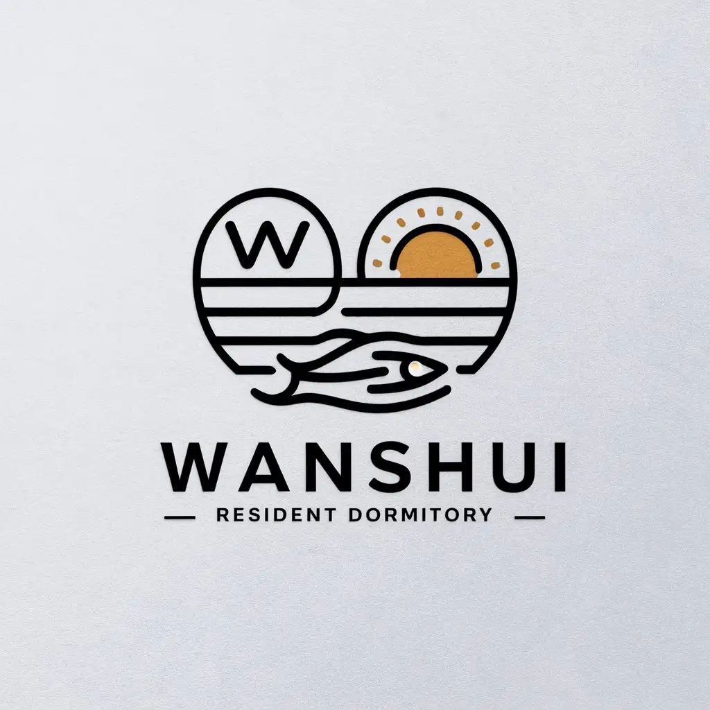 a logo design,with the text "wanshui resident dormitory", main symbol:sea, evening sun, afterglow, fish,Moderate,be used in Travel industry,clear background