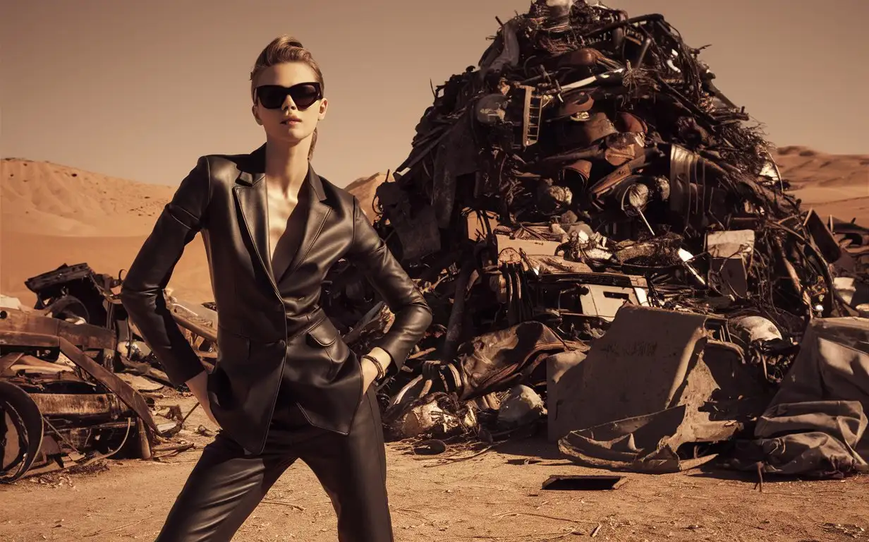 A pretty woman in sunglasses dressed in a formal leather suit poses in the desert against the backdrop of a huge pile of junkyards.
