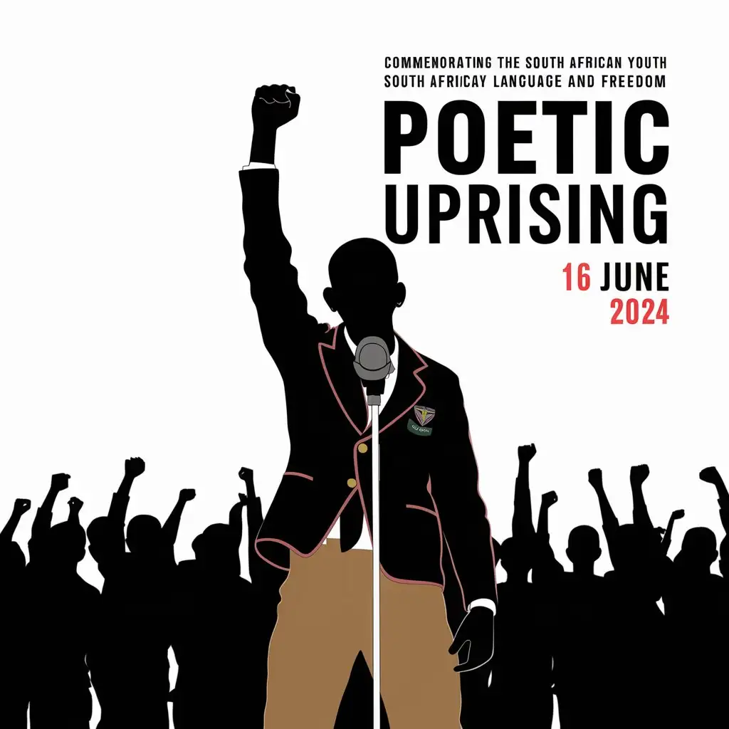 Minimalistic illustrated online poetry session 'Save The Date' poster titled "Poetic Uprising"  "brought to you by Nwala Writers." by the "Say Your Piece, Poetry Movement" it must be based on the 1986 South African youth uprising. fighting for the right to language and freedom. Silhouette of Young man in school uniform with their fist in the air and a microphone before him. Date '16 June 2024' black silhouette of a lot of youth with their fists in the air at the bottom, fill colour illustrations,  white background 