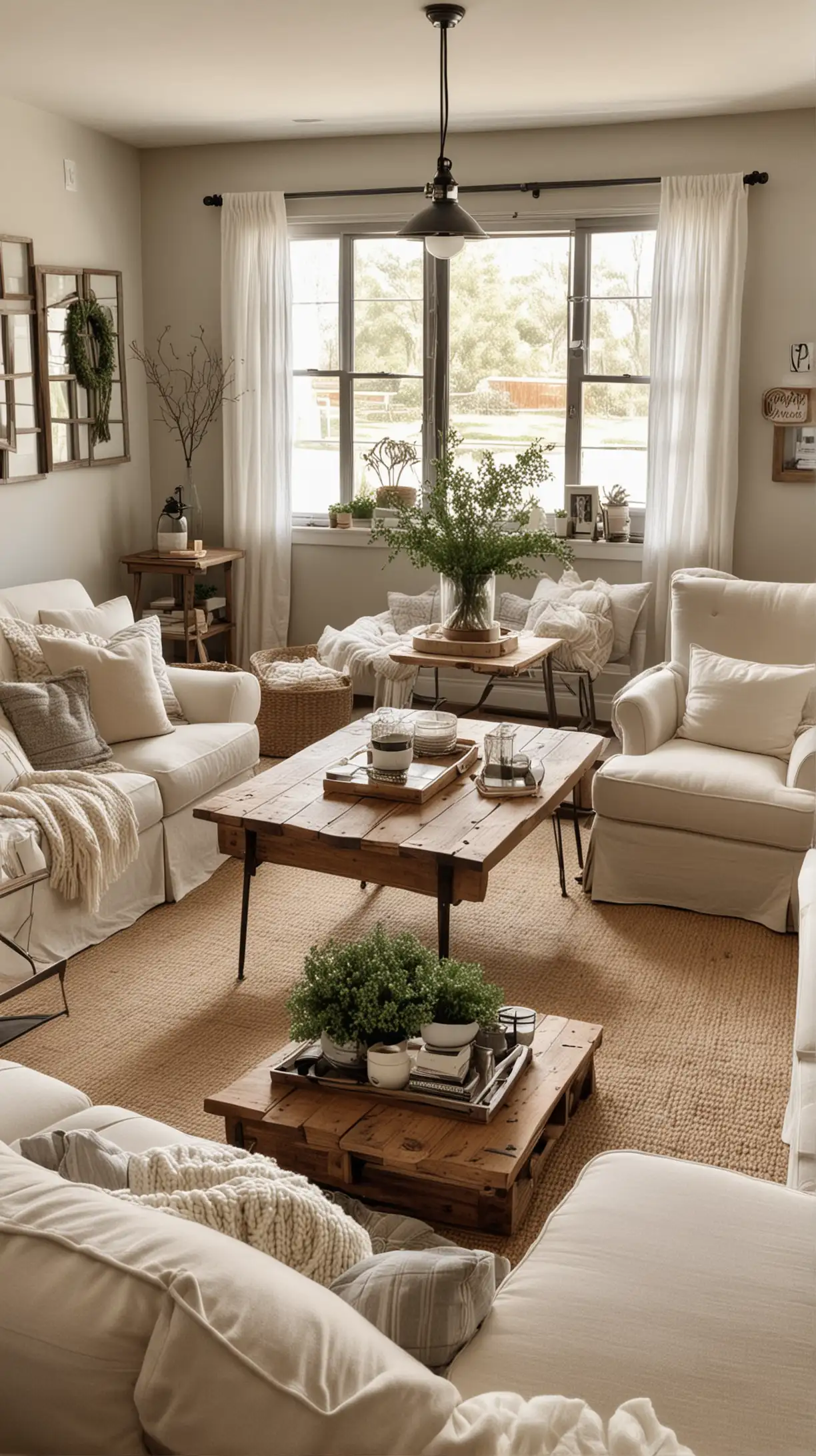 A living room featuring a robust farmhouse table used as a central coffee table, surrounded by a cozy seating arrangement, embodying a rustic yet stylish decor.