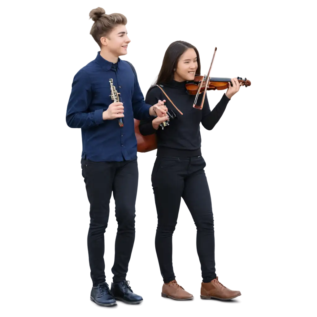 due teenager a braccetto, hanno un violino e un clarinetto