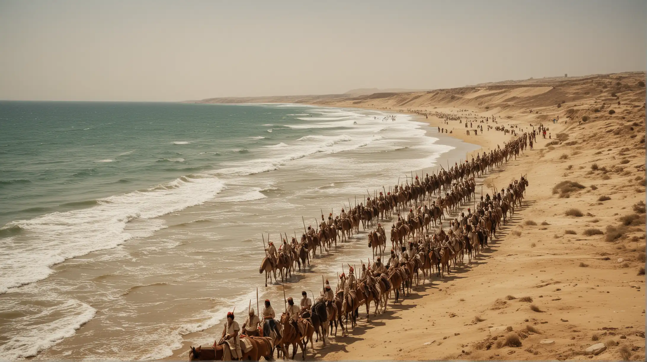A scene depicting the biblical story of the multitude of Isreali people passing though the sea. With the sea standing up on the left, and on the right of them. And they pass through on dry ground. And Pharaohs army in persuit with horses and chariots.