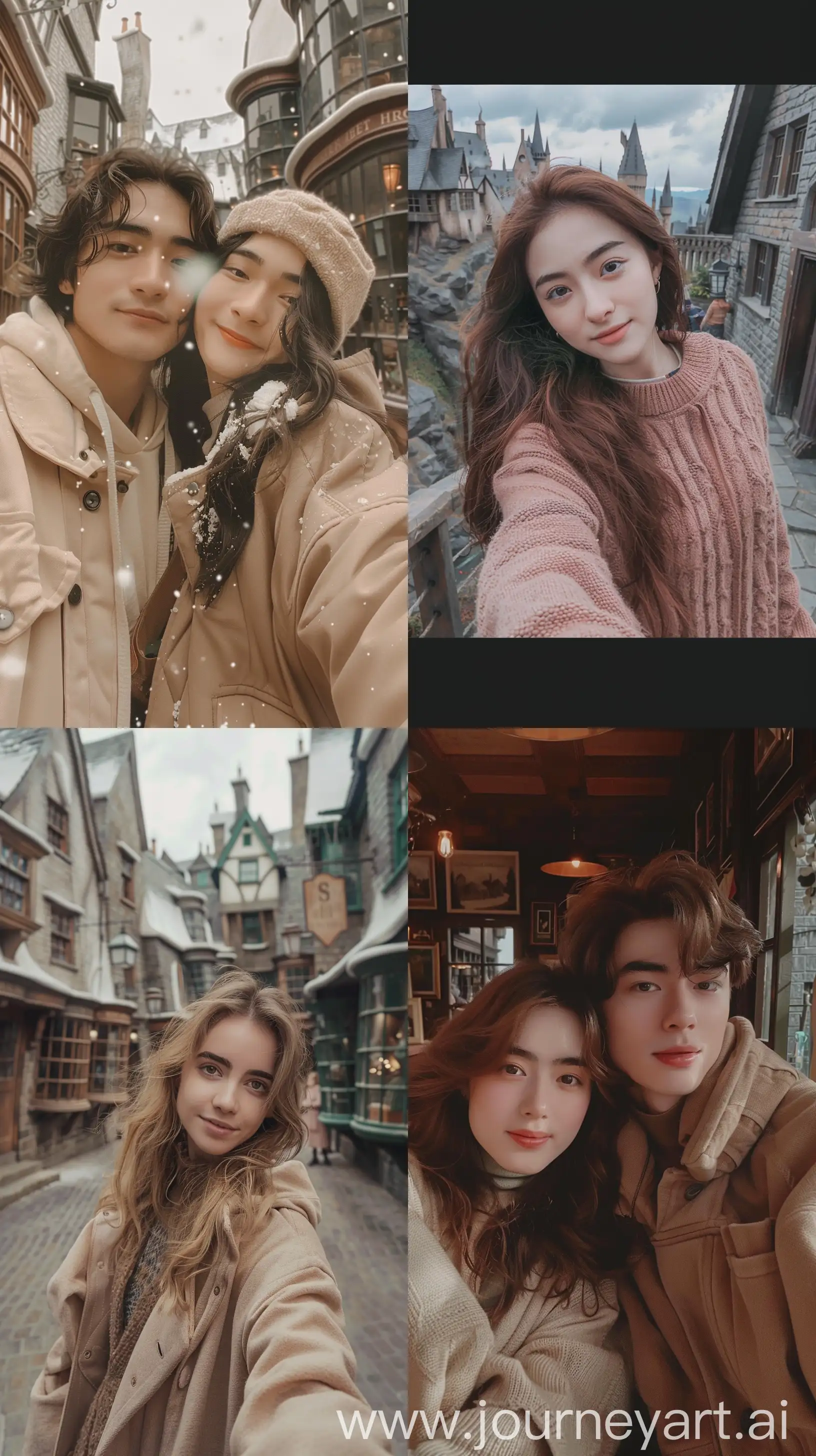 Aesthetic instagram selfie of Hermione Granger, Cho Chang, Hogsmeade, soft color tones, soft clothing, --ar 9:16