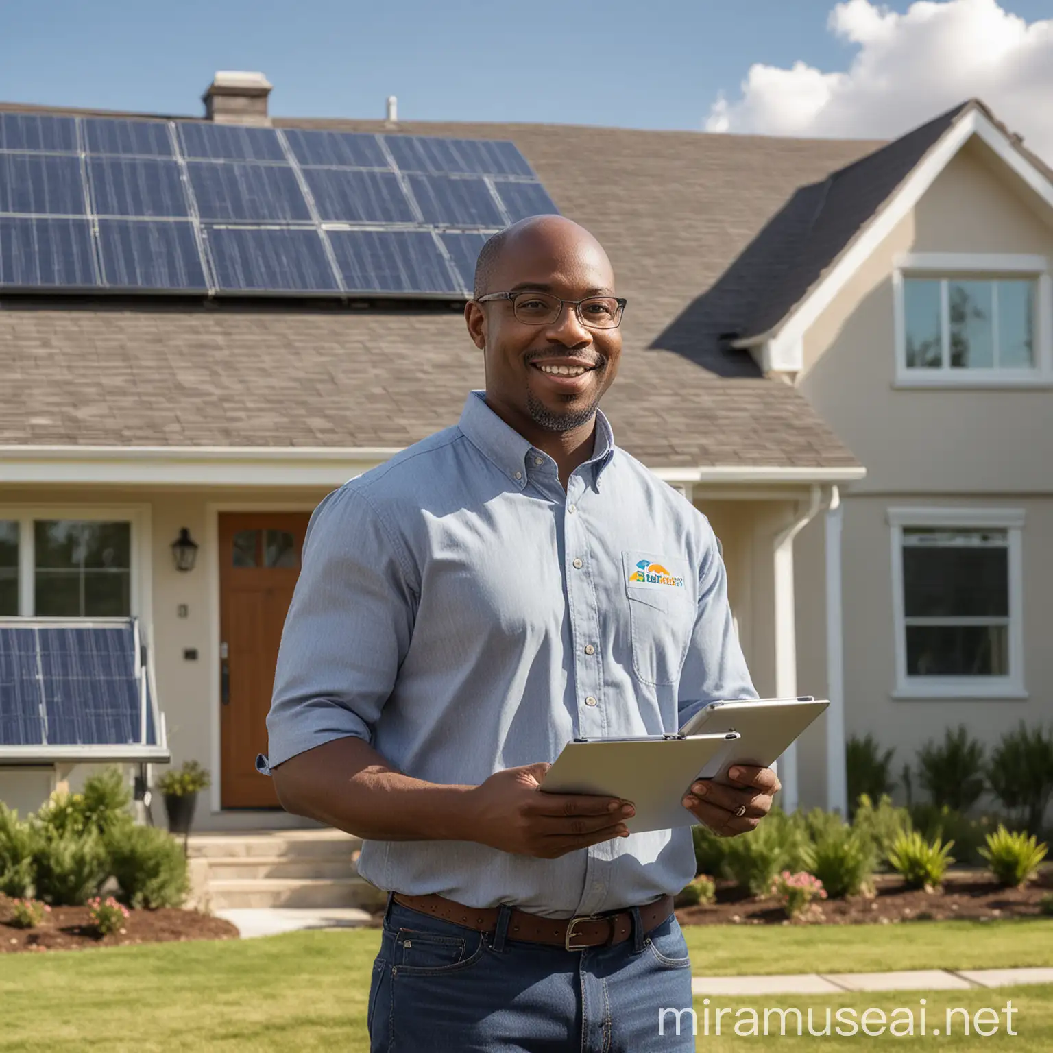 Create an image of an african american professional solar energy consultant presenting a digital guide to a homeowner, with solar panels visible on the house in the background. The scene should be bright and engaging, highlighting the value of solar energy solutions and digital marketing materials.