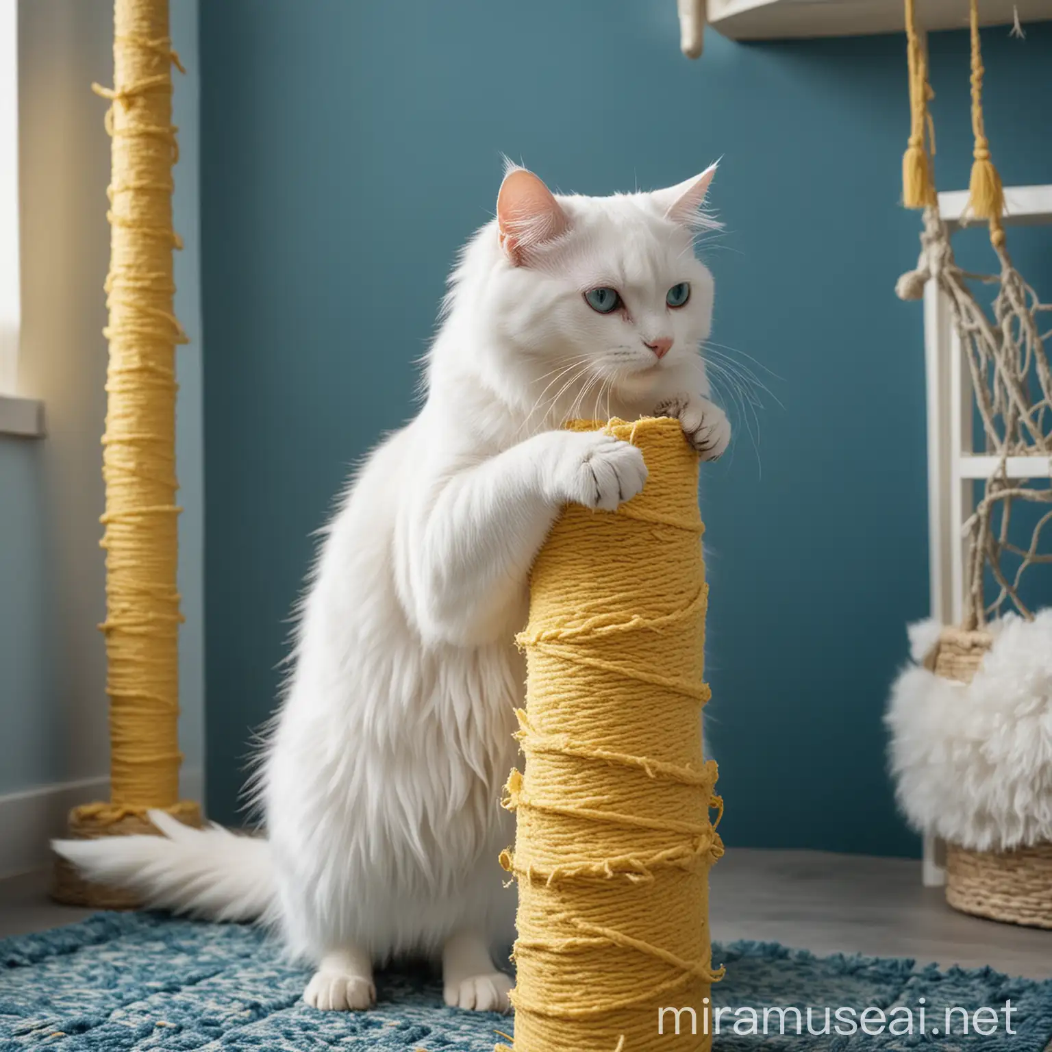 Белый пушистый кот точит когти о желтую когтеточку в комнате в синих тонах