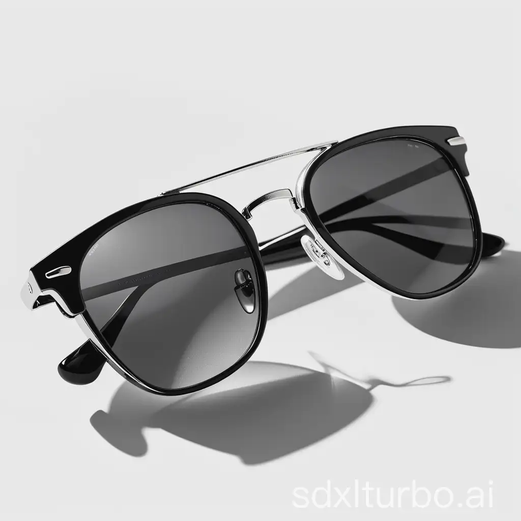 A pair of sunglasses sitting on a white background. The sunglasses are black with silver frames and have a classic design.