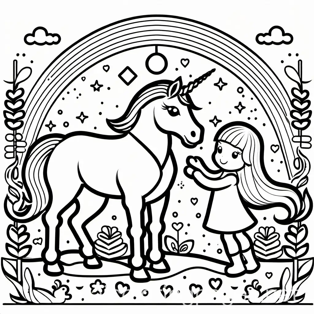 Little girls playing with a unicorn, Coloring Page, black and white, line art, white background, Simplicity, Ample White Space. The background of the coloring page is plain white to make it easy for young children to color within the lines. The outlines of all the subjects are easy to distinguish, making it simple for kids to color without too much difficulty
