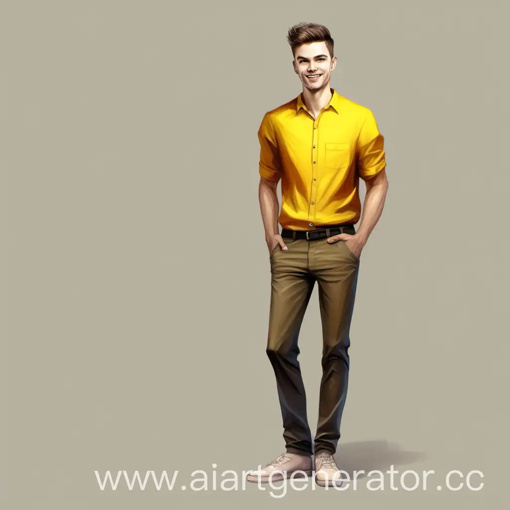 молодой парень вожатый 
одет в желтое поло и темные брюки 
мечтательный и веселый
рисунок реалистичный