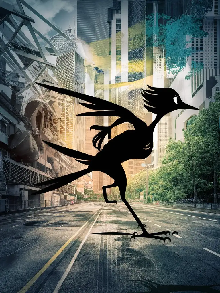 describe the dark shadow of "Road Runner" in a complex background