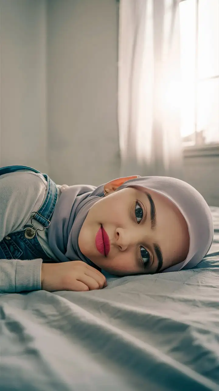 A innocent teenage girl.  17 years old. She wears a hijab, jean overalls,
She is beautiful. She lie face down on the bed.
petite, plump lips.  Elegant, pretty, pink lips, sharp eyes, head down