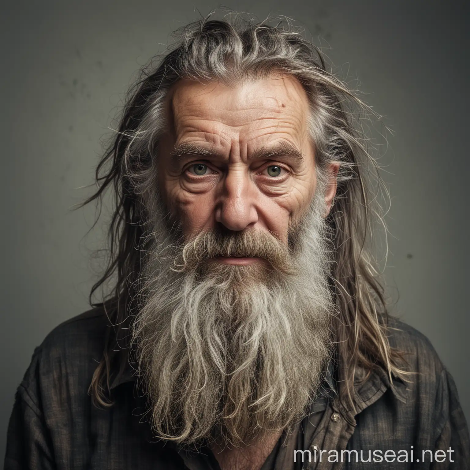 heavily bearded disheveled old man, long beard