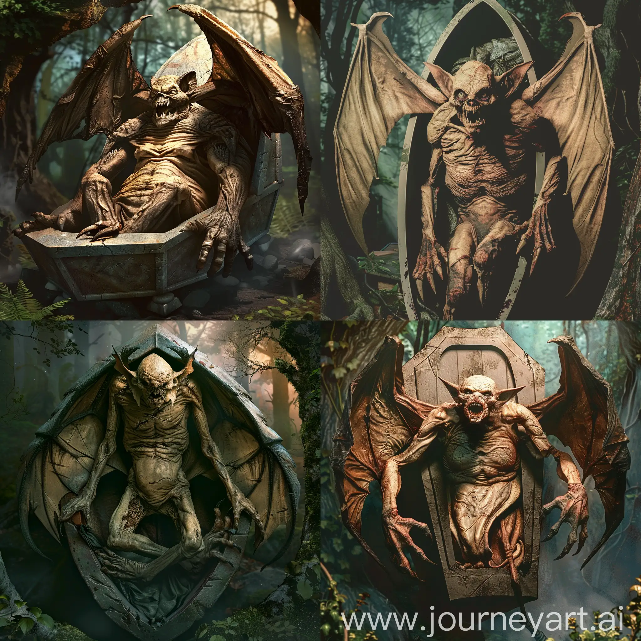 A frightening monster with bat-like wings and the features of an old person. Its body is covered in deep wrinkles, giving it a decrepit and unnerving appearance, lying in a coffin without pant, showing its fangs, with claws sharp as knives, in a dark, eerie forest setting. The shadow under the monster's body is more realistic. No cloth covering the body.