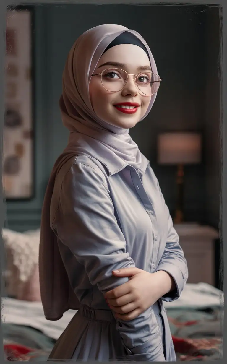 A most beautiful teenage girl.  17 years old. She wears a hijab, skinny shirt,
She is beautiful. She sits on the bed.
petite, plump lips.  Elegant, pretty, red lips, soft eyes, bony face, top view, glasses. Cowboy shot, german