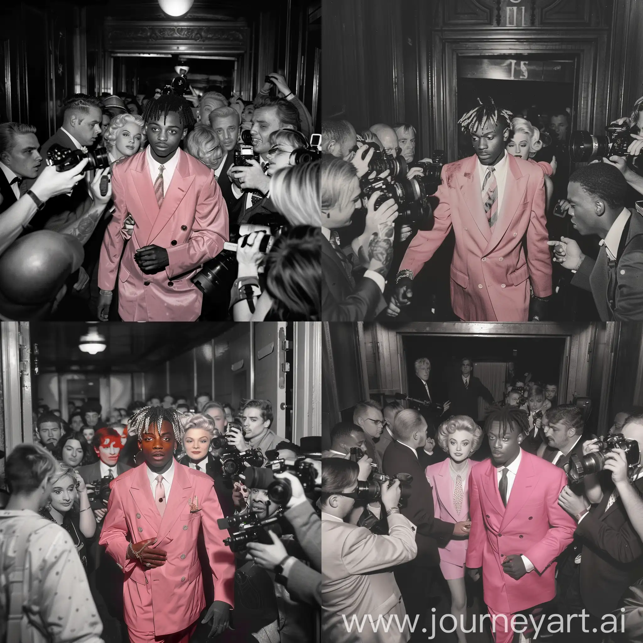 A 1960s Black and white photograph,Of Juice WRLD and Marilyn Monroe coming out a theatre with a pink suit and tie ,surrounded by paparazzi.