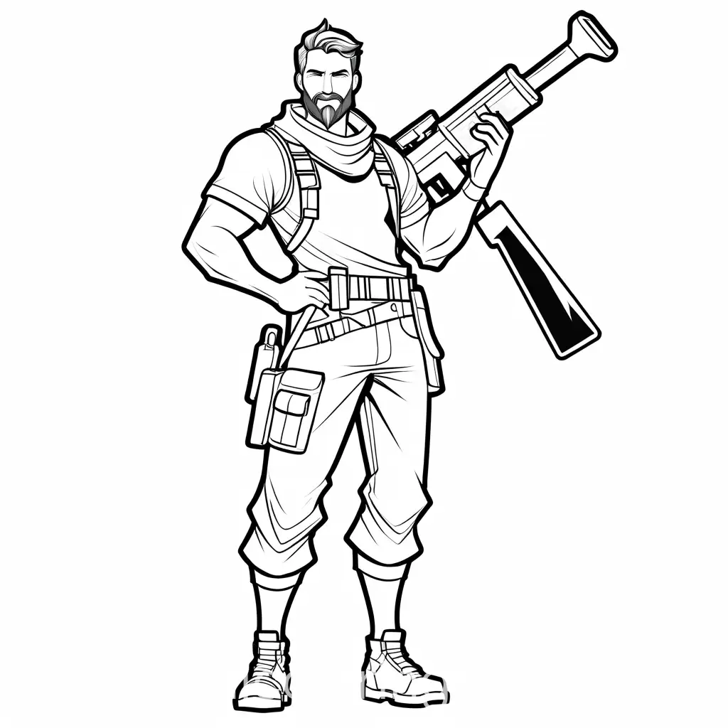 simple full body caucasian fortnite player with picaxe, Coloring Page, black and white, line art, white background, Simplicity, Ample White Space
