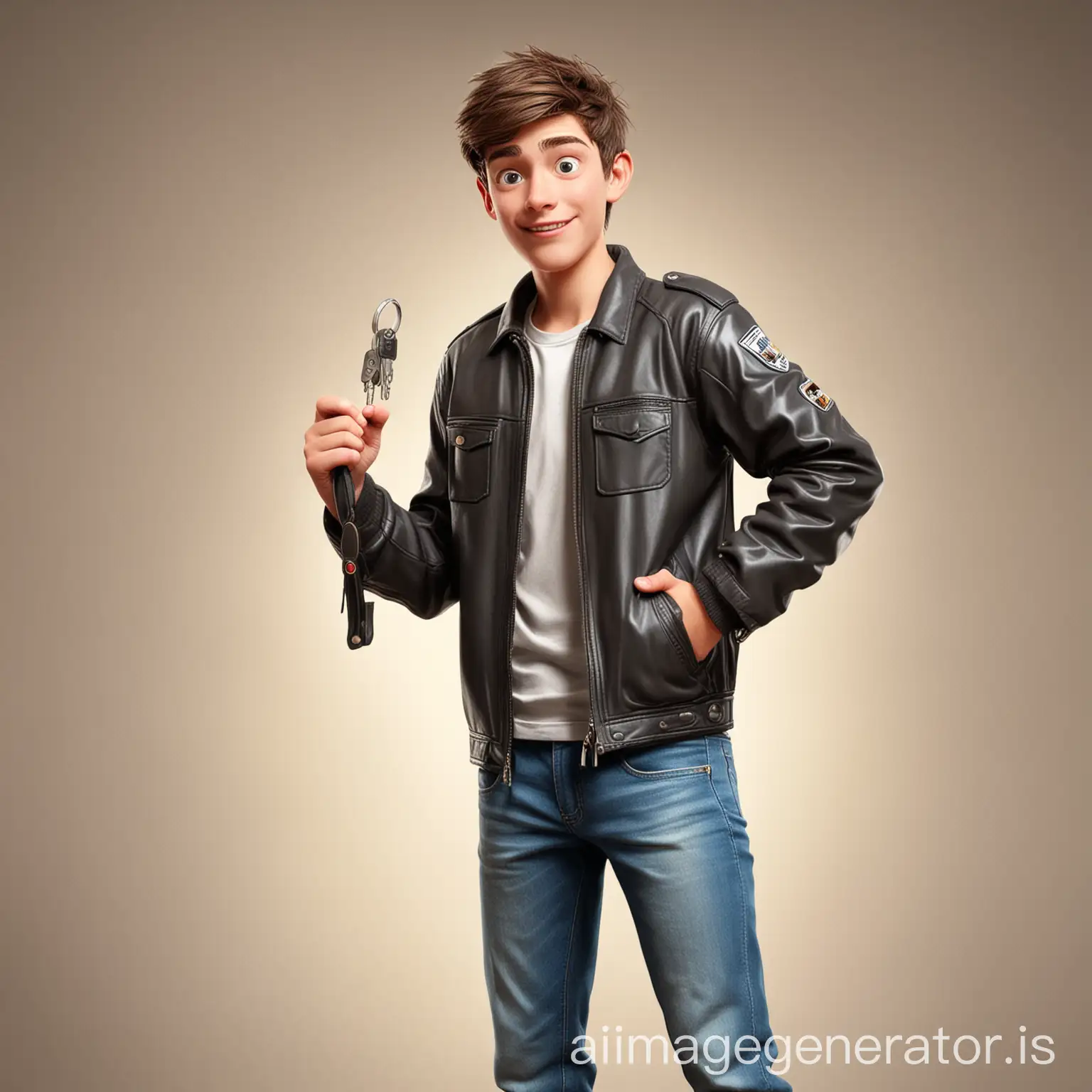 cartoon of a teenage boy wearing a motorbike jacket and bringing the key
