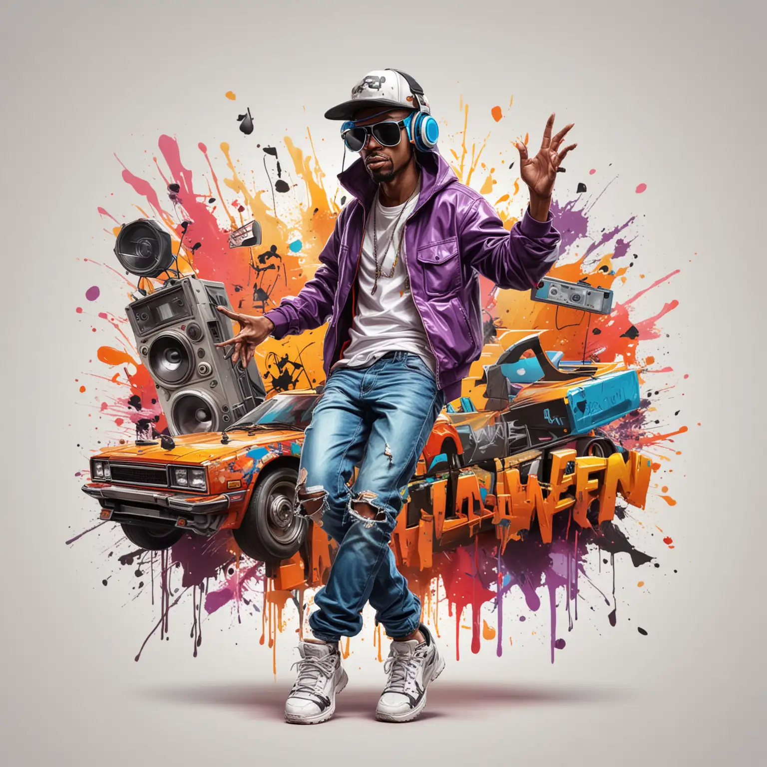 colorful abstract painting  Hip Hop halloween hover dancing, walkman, full body, listening to music ,hip hop hat, sun glasses ,luxury super car, old walkman, dead world, Graffiti Cartoon- Digital Download PNG, JPEG , white background