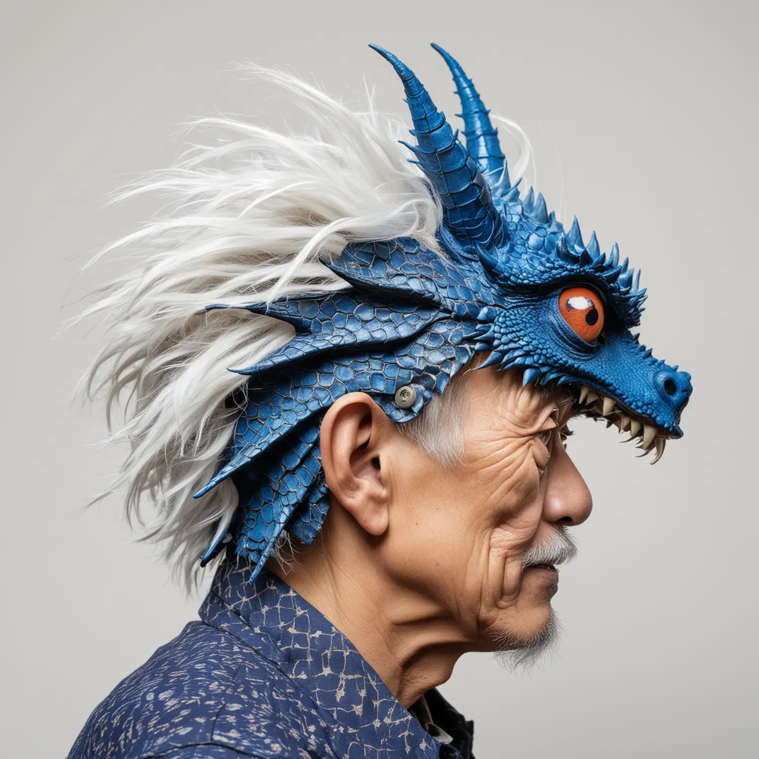 Portrait of Old Japanese Man with Einstein Hair and Dragon Helmet